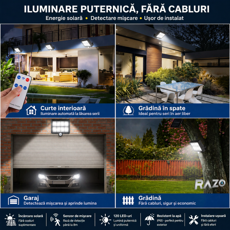 Lampa solara 260LM cu senzor de miscare RAZO, Telecomanda, Rezistenta la apa, Iluminare automata, Incarcare solara, LED, Activare inteligenta pe timp de noapte, Design durabil