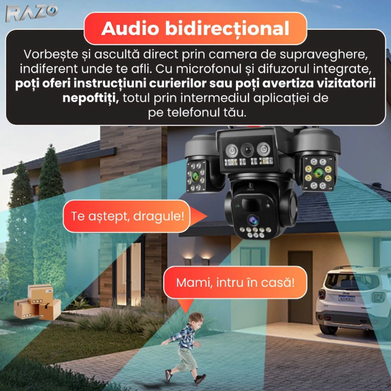 Camera supraveghere solara WiFi tripla RAZO, 3 lentile, 360 grade, Monitorizare completa fara cabluri, Panou solar, Baterie reincarcabila, Detectie miscare cu notificari, Tracking automat, Vedere nocturna IR si color, Audio bidirectional, Alarma