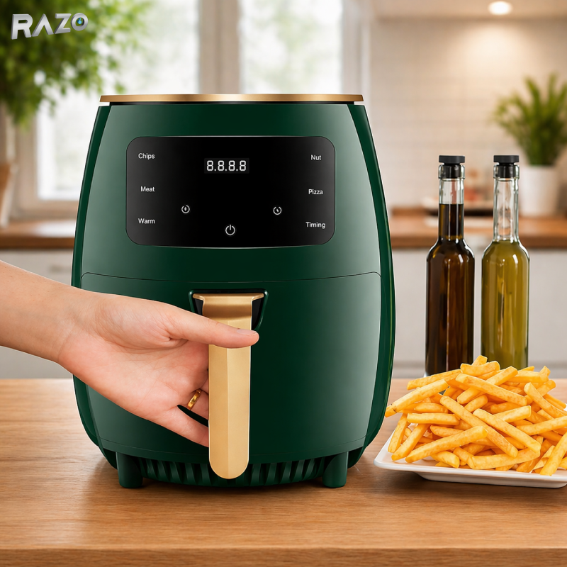 Friteuza cu aer cald RAZO, 2400W, 6L, Air fryer fara ulei, LCD touch screen, 6 programe presetate, Temperatura 50–200°C, Timer, Oprire automata, Gatire sanatoasa, Verde