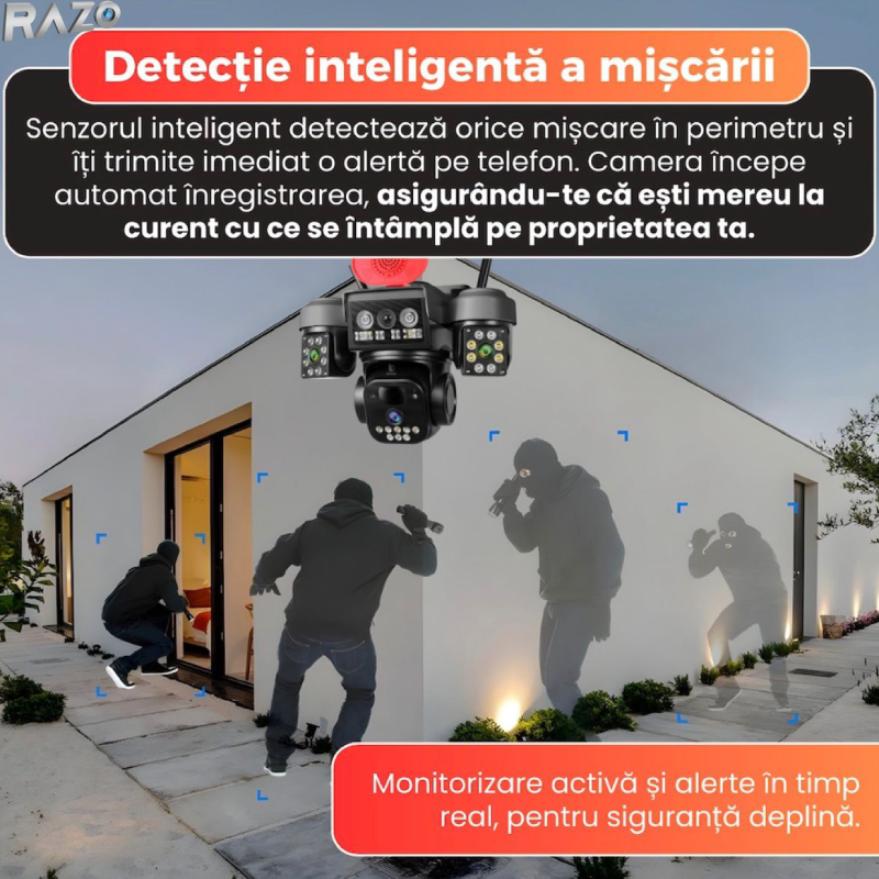 Camera supraveghere solara WiFi tripla RAZO, 3 lentile, 360 grade, Monitorizare completa fara cabluri, Panou solar, Baterie reincarcabila, Detectie miscare cu notificari, Tracking automat, Vedere nocturna IR si color, Audio bidirectional, Alarma