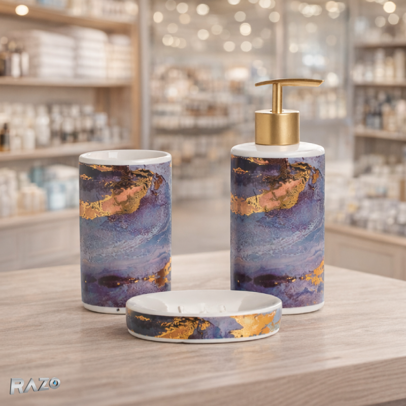 Set baie 3 piese portelan RAZO, Dozator sapun, Pahar, Savoniera, Rezistent, Organizare igiena Design modern