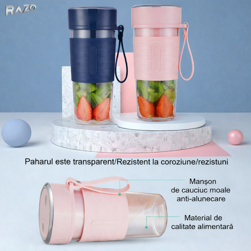 Blender portabil reincarcabil RAZO, Design compact, Usor de transportat, Utilizare rapida oriunde, 450 ml, Albastru inchis