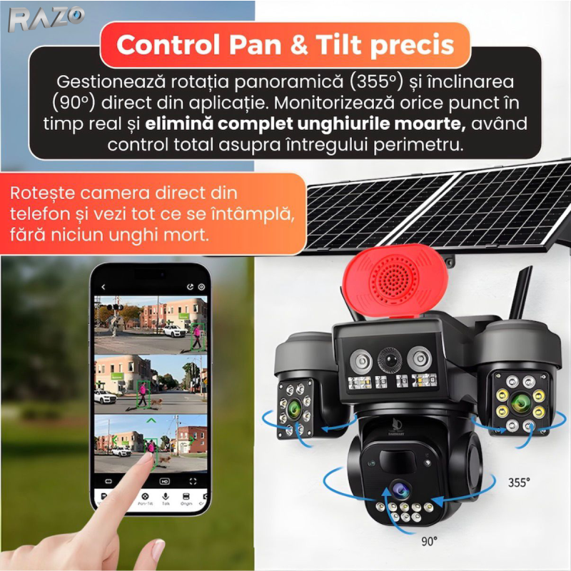 Camera supraveghere solara WiFi tripla RAZO, 3 lentile, 360 grade, Monitorizare completa fara cabluri, Panou solar, Baterie reincarcabila, Detectie miscare cu notificari, Tracking automat, Vedere nocturna IR si color, Audio bidirectional, Alarma