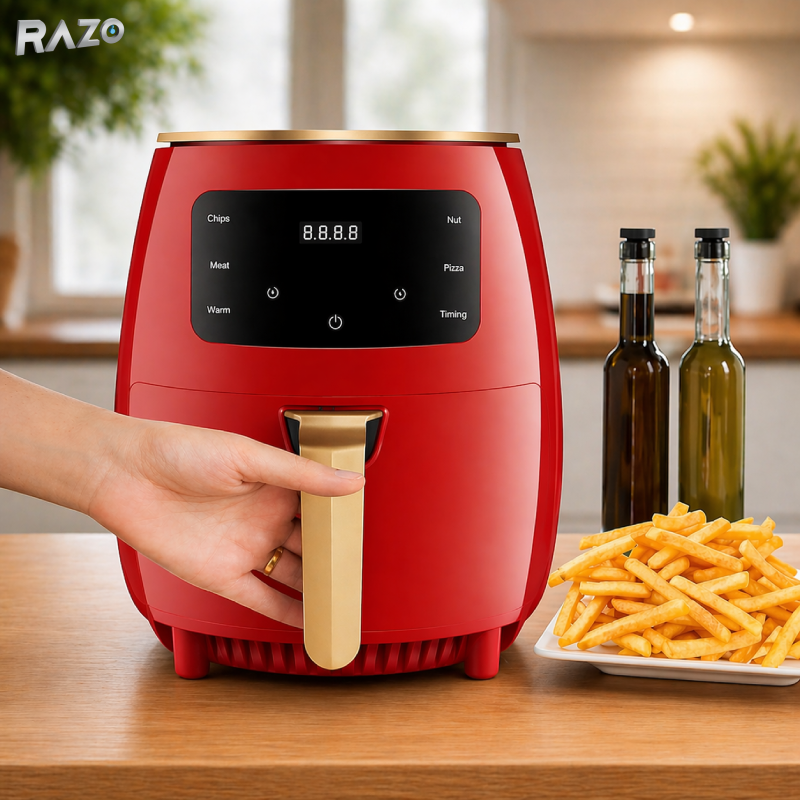 Friteuza cu aer cald RAZO, 2400W, 6L, Air fryer fara ulei, LCD touch screen, 6 programe presetate, Temperatura 50–200°C, Timer, Oprire automata, Gatire sanatoasa, Rosu