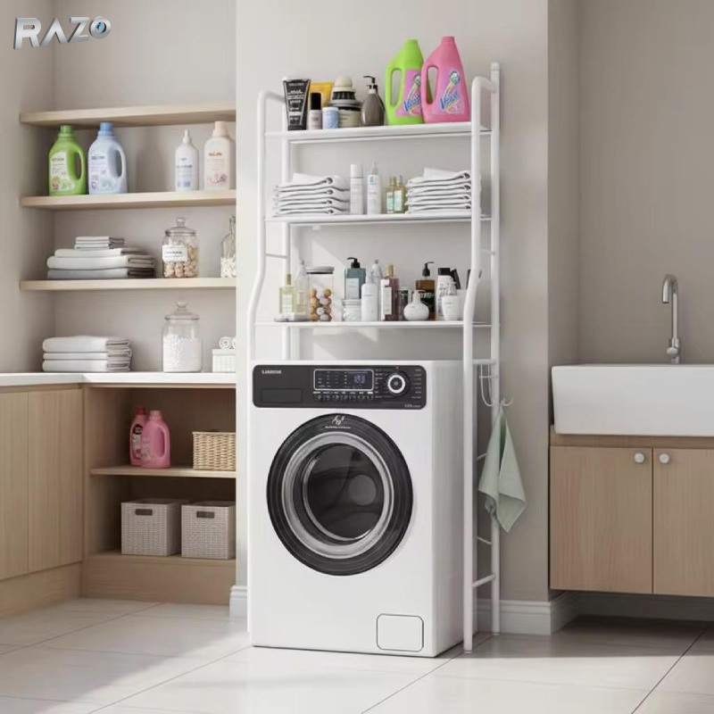 Etajera metalica RAZO pentru masina de spalat, 3 polite, Suport depozitare pentru spatii mici, Otel-carbon anti-rugina, Stabila, Montaj fara gaurire, 65x25 x153 cm, Alb