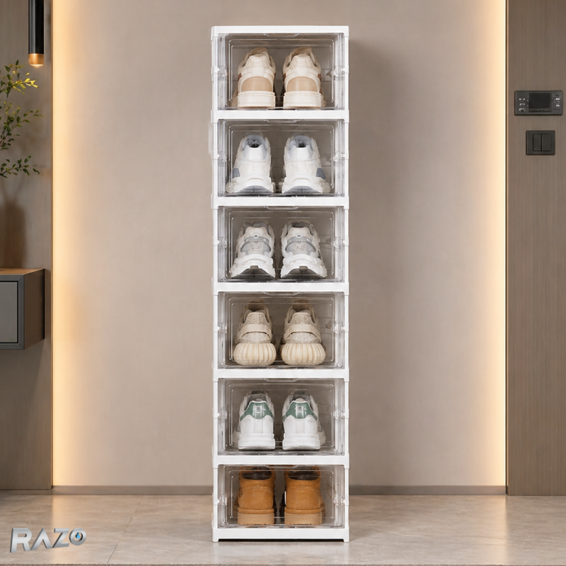 Organizator pantofi cu 6 compartimente modulare RAZO, Usi transparente, Depozitare eficienta, Design pliabil, Montaj rapid, 25.5×34.5×105cm, Alb