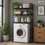 Suport organizator masina de spalat cu raft depozitare 3 nivele RAZO, Economisire spatiu, Organizare eficienta, Cadru metalic rezistent, Polite durabile, Design modern, Negru