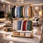 Suport vertical haine RAZO, Metalic, Pliabil, 2 bare pentru umerase, Raft inferior, Capacitate 70 kg, Design modern pentru dormitor, dressing, 100x40x185 cm, Auriu