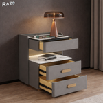 Noptiera RAZO inteligenta cu incarcare wireless, LED reglabil, Difuzor bluetooth, 3 sertare, Design modern, Gri deschis