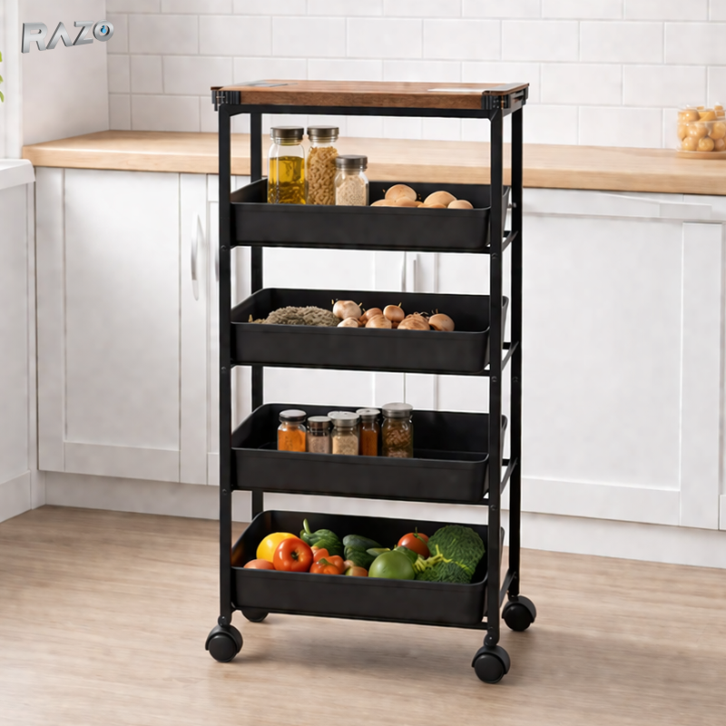 Carucior depozitare bucatarie cu blat lemn RAZO, 5 polite, 4 roti, Organizator multifunctional, Dimensiuni 84x40x26 cm