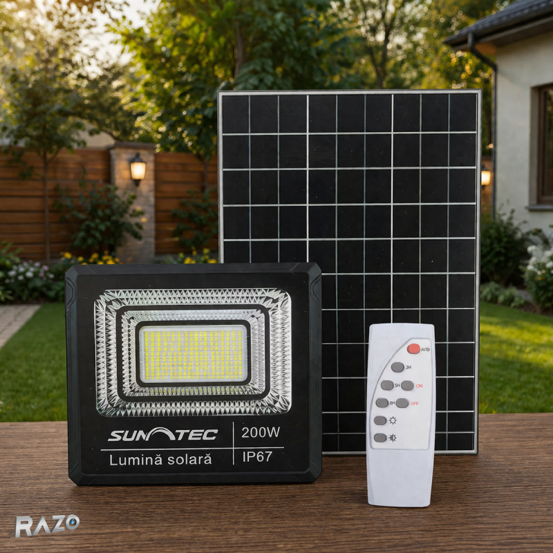 Proiector LED cu incarcare solara 200W RAZO, Telecomanda, IP67, Iluminare puternica exterior, Panou solar inclus