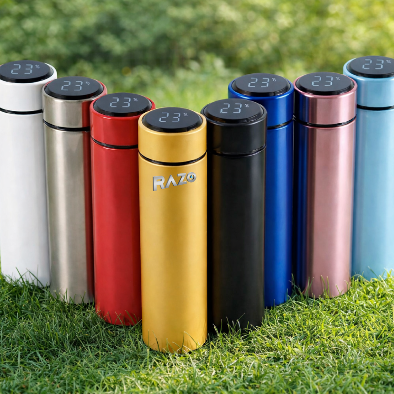 Termos RAZO cu LED, Afisaj digital temperatura, Cana termos inteligenta, 500 ml, Otel inoxidabil, Etansa, Izolatie vacuum 360°, 12h cald/rece, Ideal pentru cafea, ceai si apa