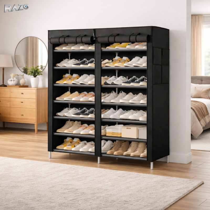 Dulap pantofi dublu cu husa RAZO, 7 niveluri, Capacitate 40kg, Oganizator incaltaminte, Structura metalica rezistenta, Negru