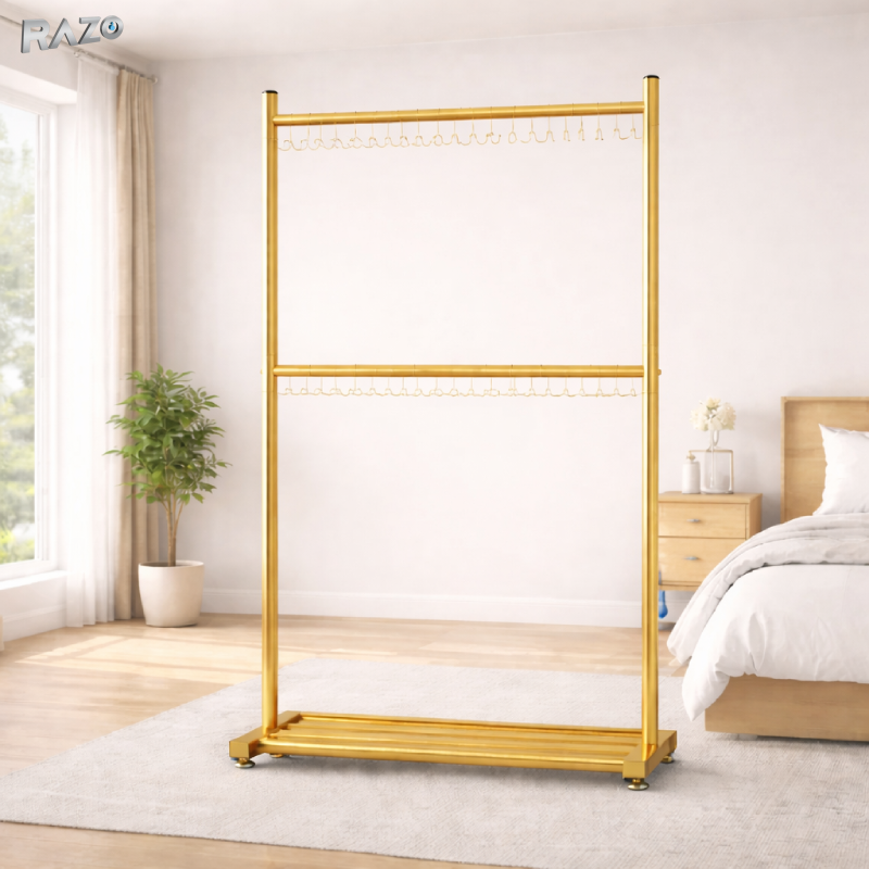 Suport vertical haine RAZO, Metalic, Pliabil, 2 bare pentru umerase, Raft inferior, Capacitate 70 kg, Design modern pentru dormitor, dressing, 100x40x185 cm, Auriu