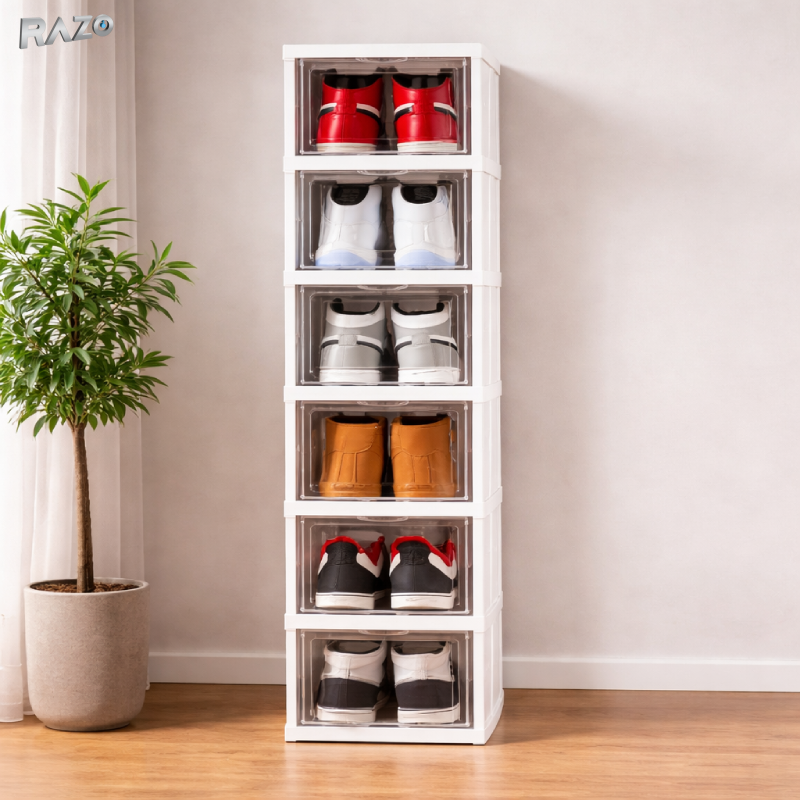 Organizator pantofi pliabil modular RAZO, Plastic rezistent, Design minimalist, Compartimente suprapozabile, Depozitare incaltaminte pentru hol, dormitor, dressing, Alb
