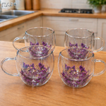 Set 4 cani sticla pereti dubli Purple 250 ml RAZO, Flori uscate naturale, Design elegant decorativ, Flori mov