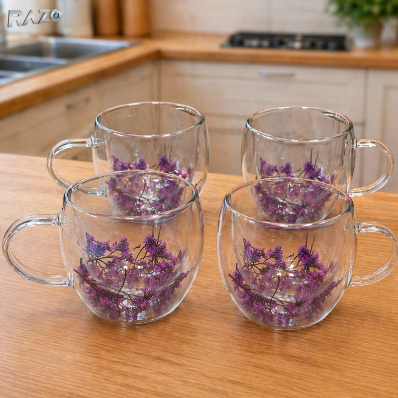 Set 4 cani sticla pereti dubli Purple 250 ml RAZO, Flori uscate naturale, Design elegant decorativ, Flori mov