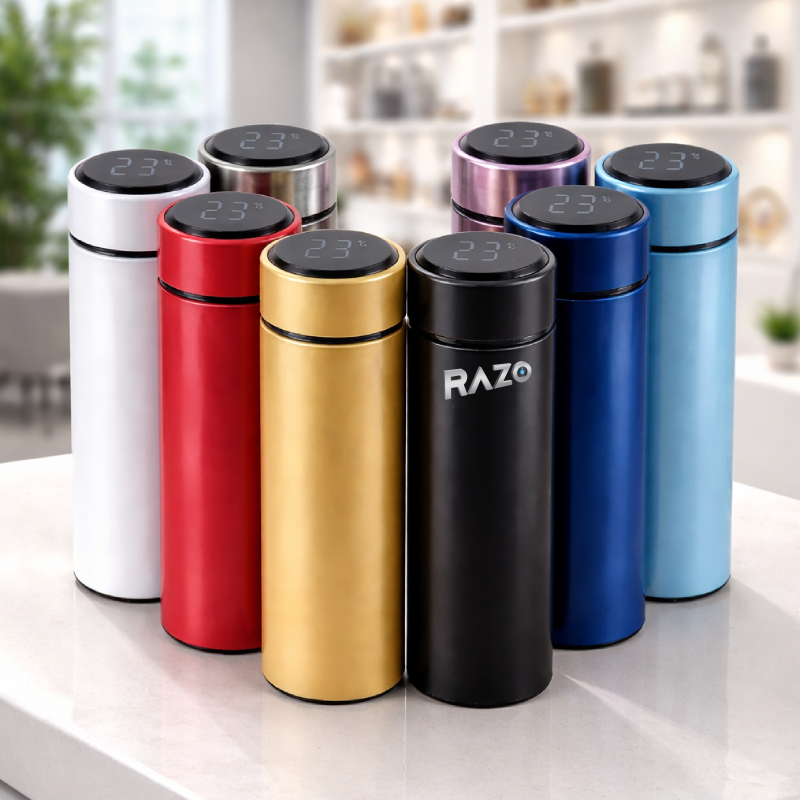Termos RAZO cu LED, Afisaj digital temperatura, Cana termos inteligenta, 500 ml, Otel inoxidabil, Etansa, Izolatie vacuum 360°, 12h cald/rece, Ideal pentru cafea, ceai si apa