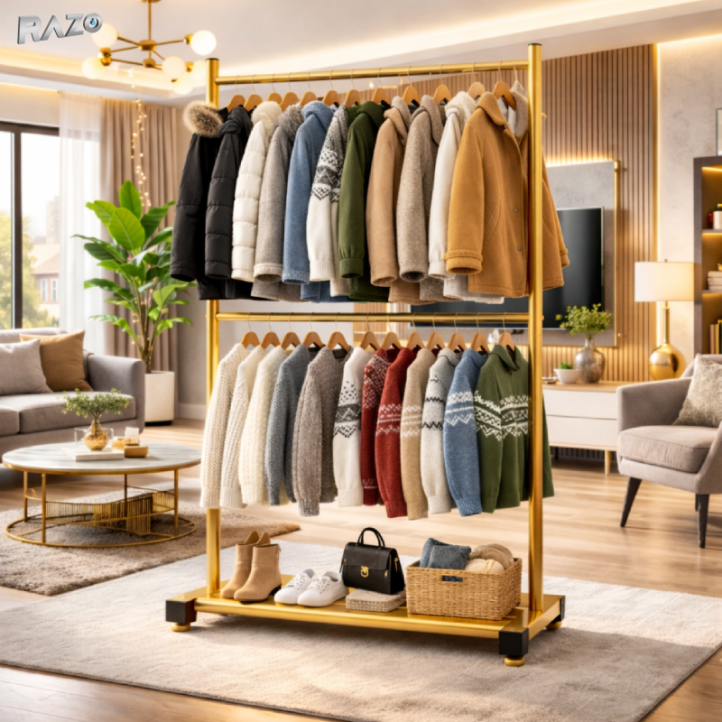 Suport vertical haine RAZO, Metalic, Pliabil, 2 bare pentru umerase, Raft inferior, Capacitate 70 kg, Design modern pentru dormitor, dressing, 100x40x185 cm, Auriu