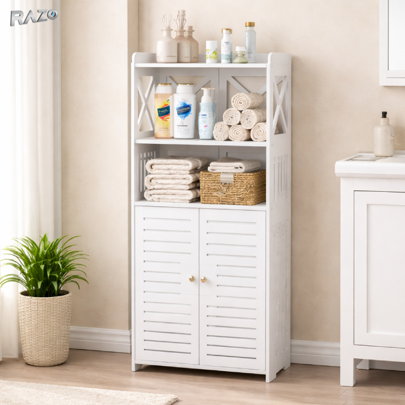 Dulap dublu depozitare baie RAZO, Rafturi superioare, Dulap inferior cu 2 usi, Mobilier modern, Rezistent la umezeala, pentru toaleta sau spatii inguste, 40x25x90 cm, Alb