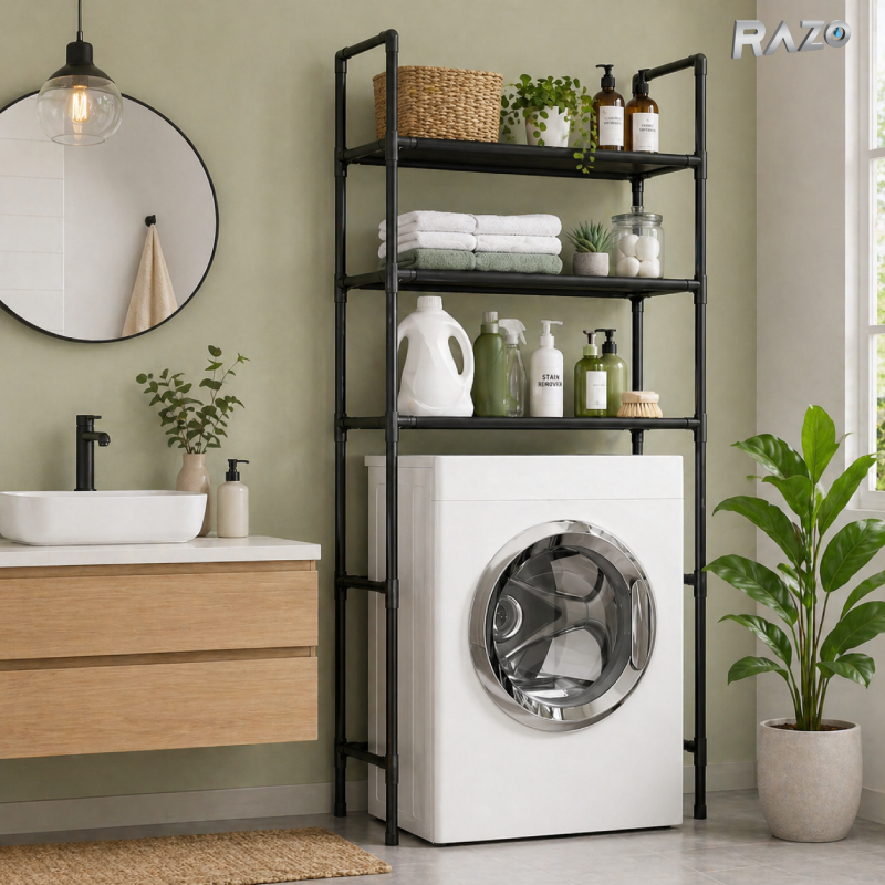 Suport organizator masina de spalat cu raft depozitare 3 nivele RAZO, Economisire spatiu, Organizare eficienta, Cadru metalic rezistent, Polite durabile, Design modern, Negru