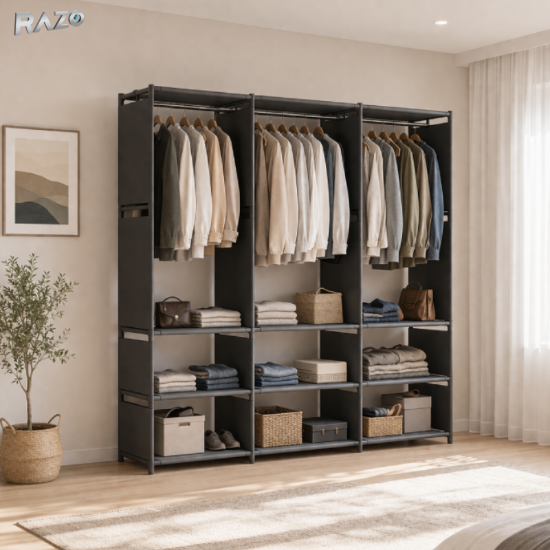 Dulap organizator haine cu rafturi si bara umerase RAZO, Design practic, Multifunctional, 170x130x36 cm, Negru