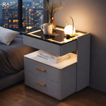 Noptiera RAZO inteligenta cu incarcare wireless, LED reglabil, Difuzor bluetooth, 3 sertare, Design modern, Gri deschis