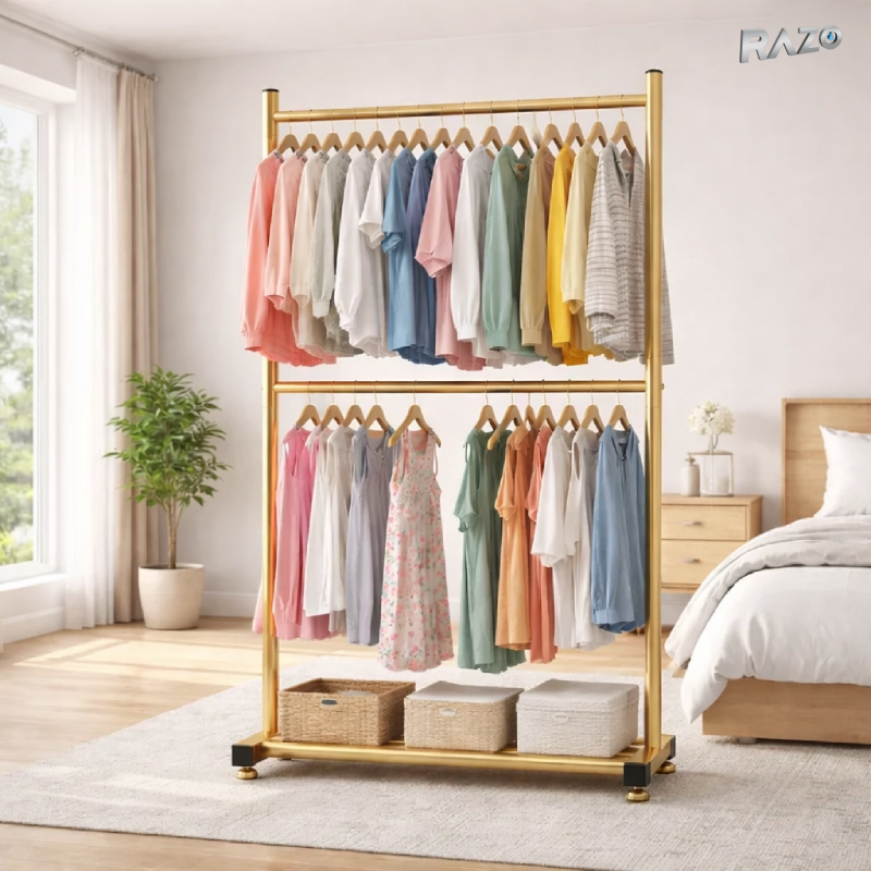 Suport vertical haine RAZO, Metalic, Pliabil, 2 bare pentru umerase, Raft inferior, Capacitate 70 kg, Design modern pentru dormitor, dressing, 100x40x185 cm, Auriu