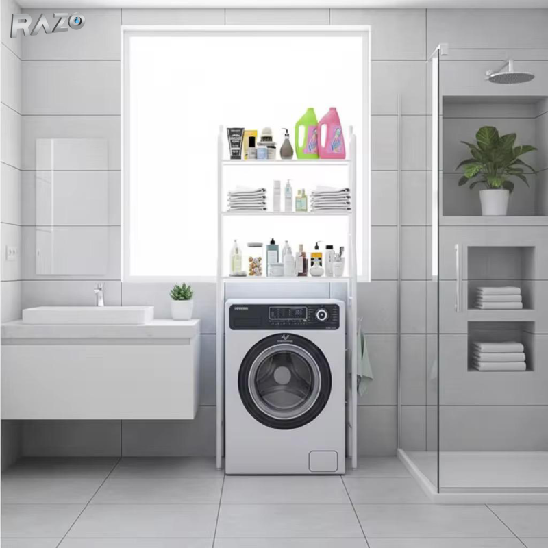Etajera metalica RAZO pentru masina de spalat, 3 polite, Suport depozitare pentru spatii mici, Otel-carbon anti-rugina, Stabila, Montaj fara gaurire, 65x25 x153 cm, Alb