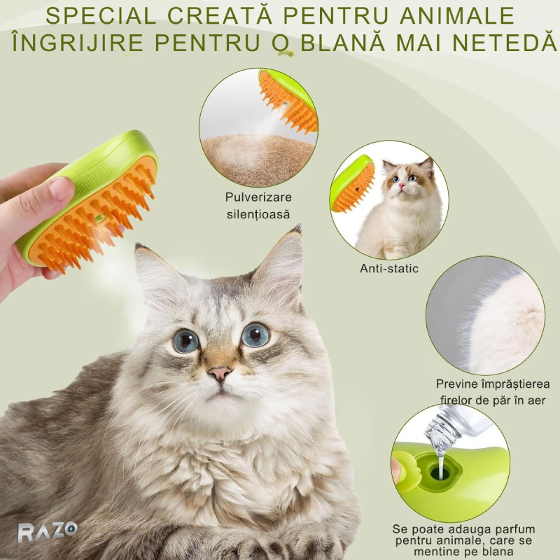 Perie 3 in 1 pentru animale de companie RAZO, Pulverizare, Masaj, Perie pentru pisici, caini, Reincarcabila USB