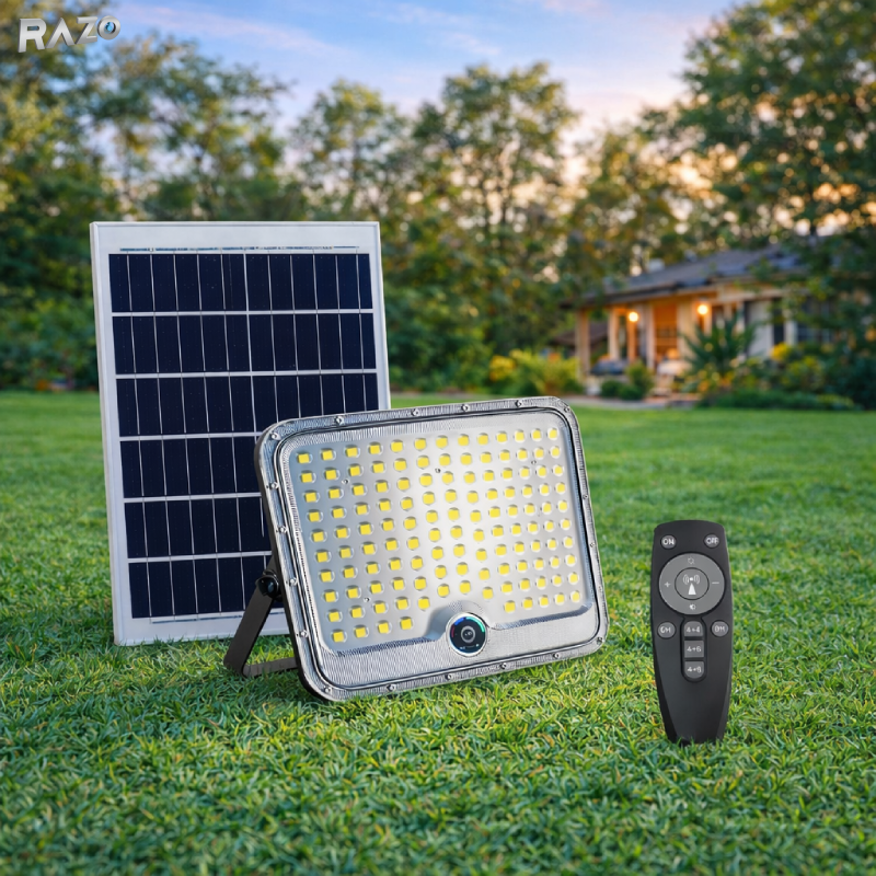 Proiector LED cu incarcare solarae 600W RAZO, Telecomanda, IP67, Iluminare puternica exterior, Panou solar inclus