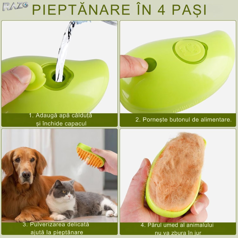 Perie 3 in 1 pentru animale de companie RAZO, Pulverizare, Masaj, Perie pentru pisici, caini, Reincarcabila USB
