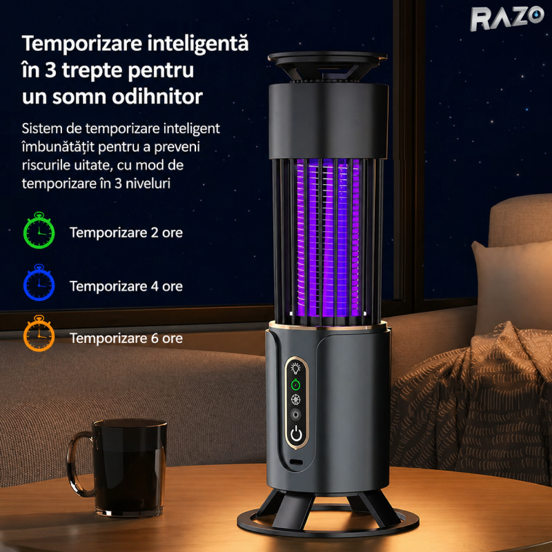 Lampa anti tantari cu iluminare RAZO, 3 temporizatoare, Reincarcabila USB, Captare insecte prin lumina UV, Fara substante chimice, Functionare silentioasa, Design compact
