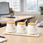 Set 3 recipiente condimente portelan Lifetree RAZO, Capace bambus, Lingurite, Tava suport, Design lifetree, Elegante