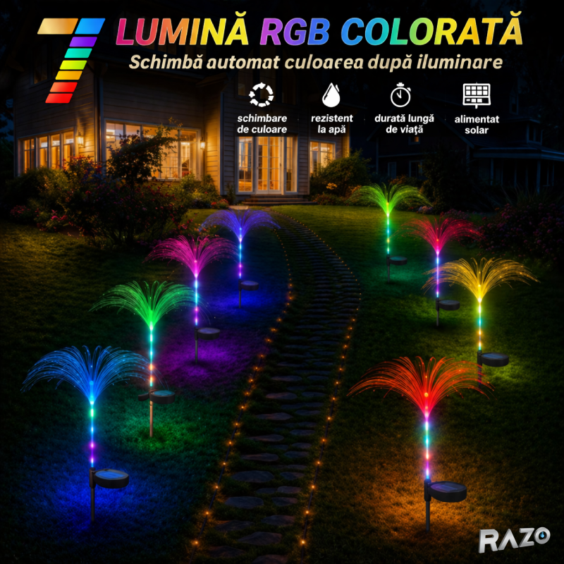 Lampa solara decorativa tip meduza 2 buc/set RAZO, Culori RGB, IP65, Iluminat exterior multicolor, Energie solara, Suport colorat