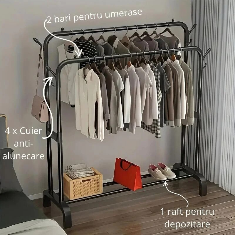 Suport metalic dublu pentru umerase RAZO, 2 bare pentru haine, 1 raft inferior, Capacitate 48 kg, Design modern pentru dormitor, dressing, 120x45x160 cm, Negru