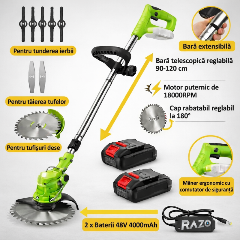 Motocoasa electrica cu 2 acumulatori RAZO, 48V, 4000 mAh, 18000 RPM, Tija telescopica, Multifunctionala, Autonomie extinsa, Wireless