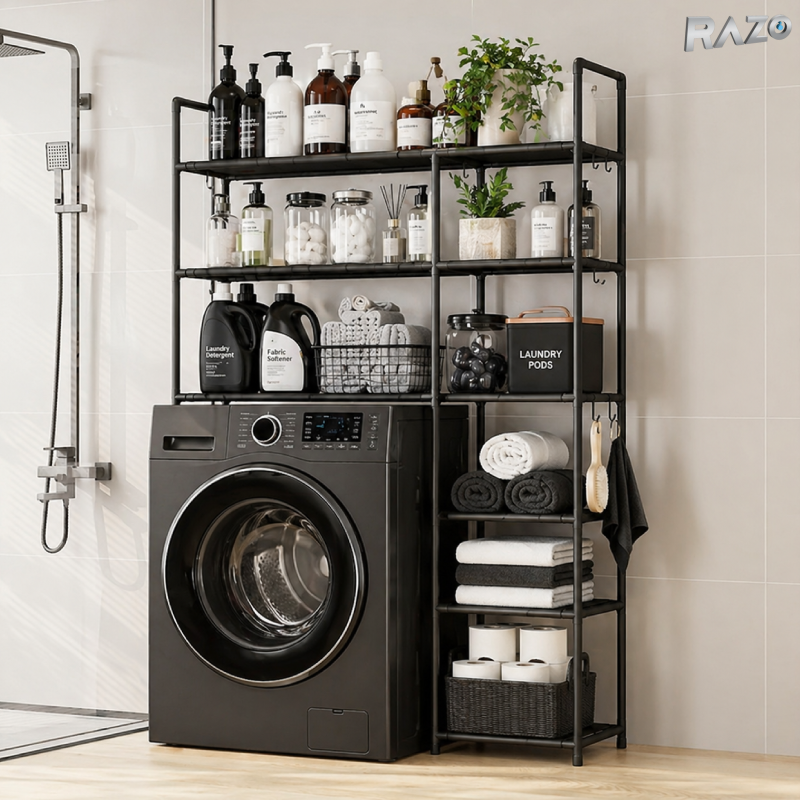 Suport organizator masina de spalat RAZO, 5 niveluri, Metal, Raft depozitare baie, Capacitate 50kg, 160x106x25 cm, Negru
