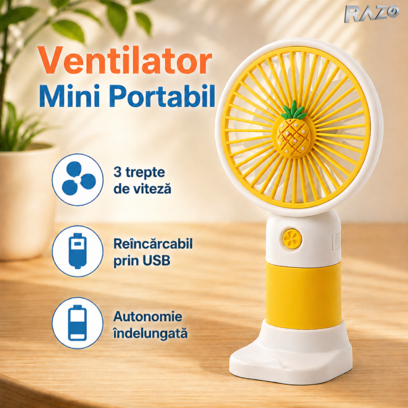 Mini ventilator portabil RAZO, Baterie reincarcabila USB compact, Racorire rapida, Flux de aer constant, Design usor, Silentios, Consum redus, Model fructe