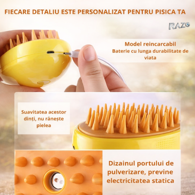 Perie 3 in 1 pentru animale de companie RAZO, Pulverizare, Masaj, Perie pentru pisici, caini, Reincarcabila USB
