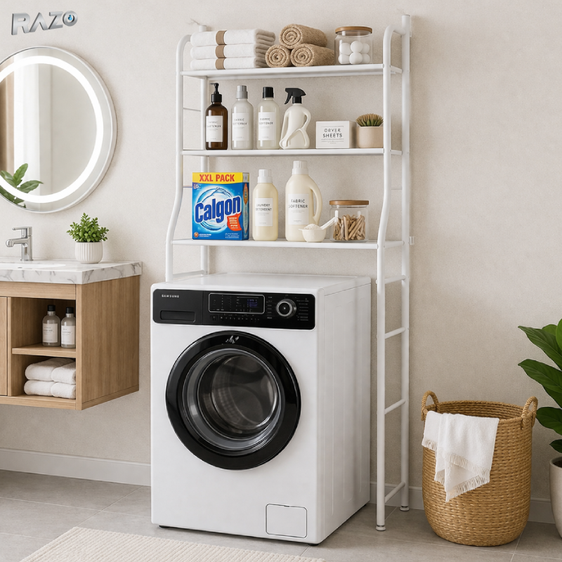 Etajera metalica RAZO pentru masina de spalat, 3 polite, Suport depozitare pentru spatii mici, Otel-carbon anti-rugina, Stabila, Montaj fara gaurire, 65x25 x153 cm, Alb