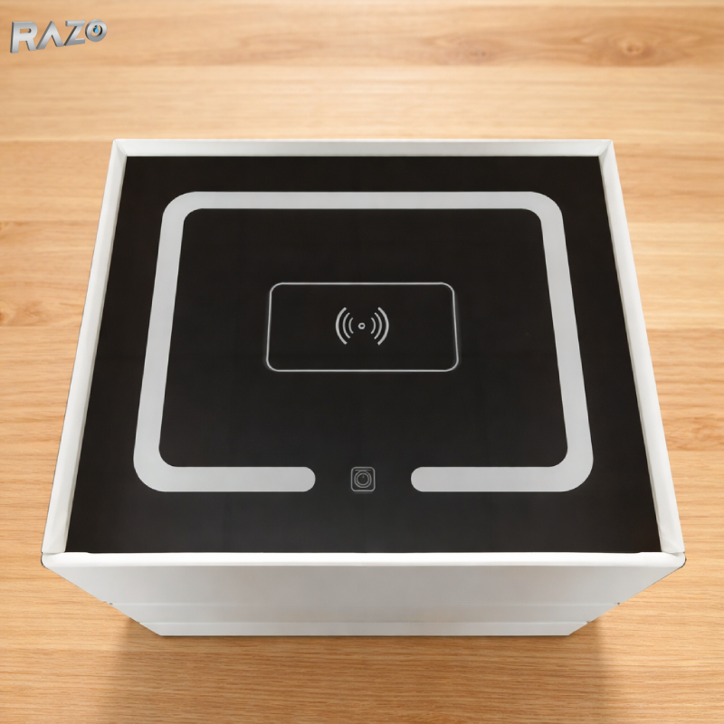Noptiera RAZO inteligenta, Multifunctionala cu LED, Incarcare wireless, Bluetooth, 3 sertare, Design modern, Alb murdar