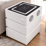 Noptiera RAZO inteligenta, Multifunctionala cu LED, Incarcare wireless, Bluetooth, 3 sertare, Design modern, Alb murdar