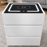 Noptiera RAZO inteligenta, Multifunctionala cu LED, Incarcare wireless, Bluetooth, 3 sertare, Design modern, Alb murdar