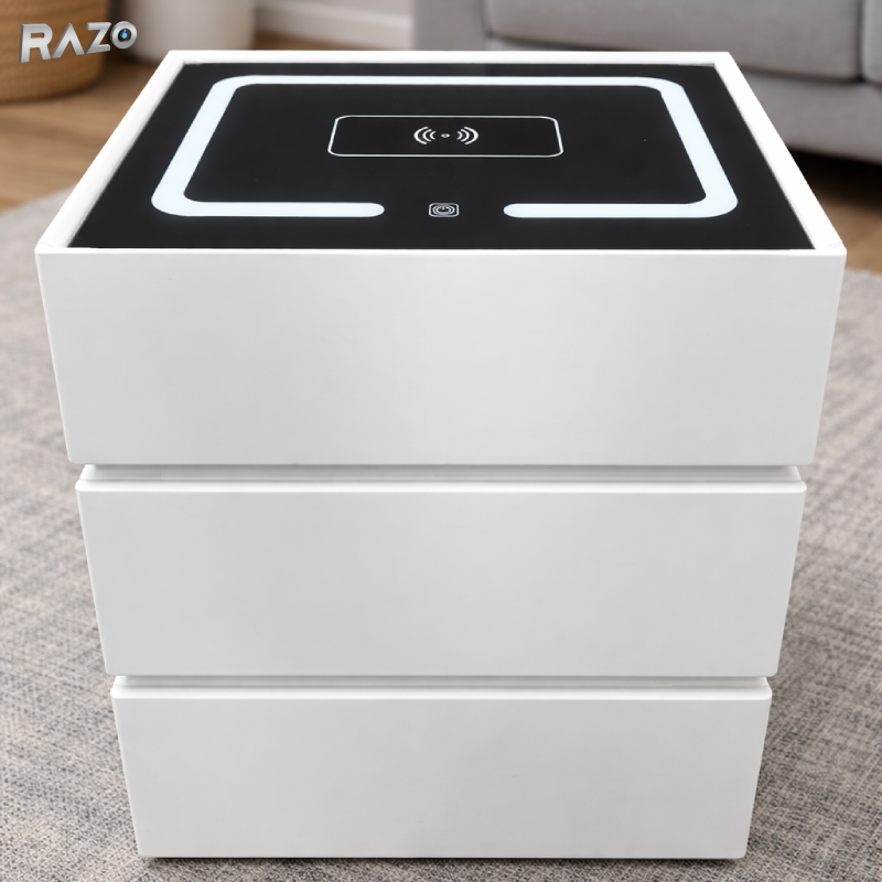 Noptiera RAZO inteligenta, Multifunctionala cu LED, Incarcare wireless, Bluetooth, 3 sertare, Design modern, Alb murdar