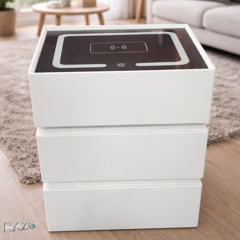 Noptiera inteligenta RAZO multifunctionala cu LED, incarcare wireless si Bluetooth, 3 sertare, design modern, alb murdar