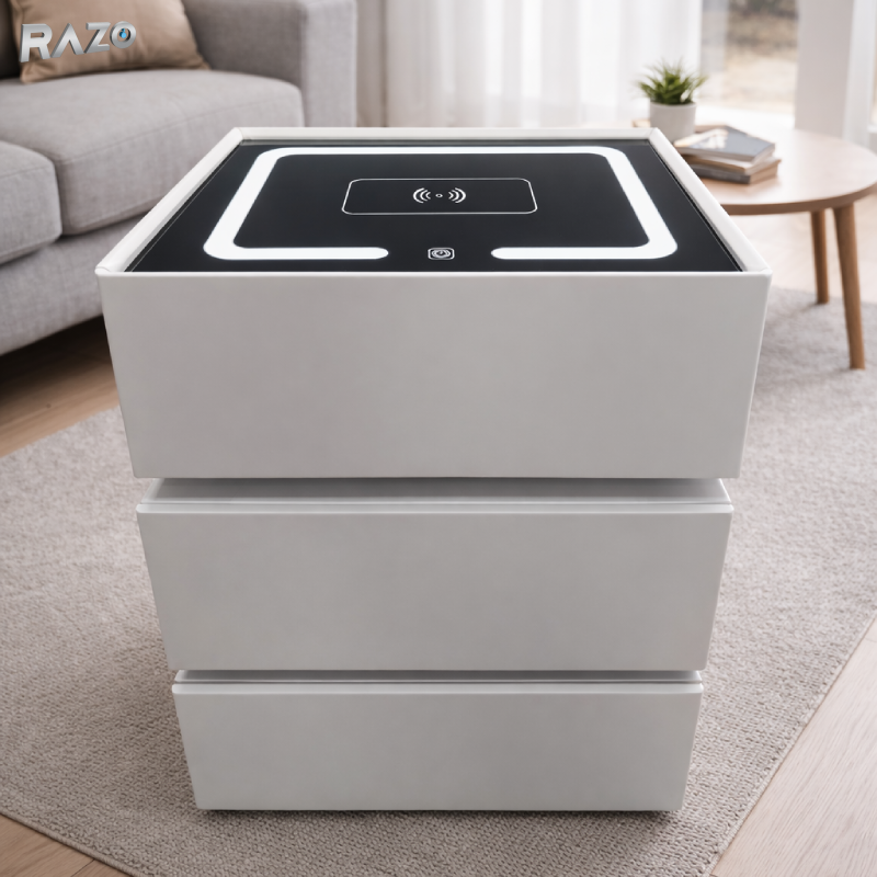 Noptiera inteligenta multifunctionala RAZO cu LED, incarcare wireless si Bluetooth, 3 sertare, design modern, gri deschis

