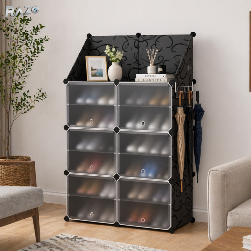 Organizator dublu pantofi cu suport accesorii RAZO, 12 compartimente, Montaj rapid, Material rezistent, Impermeabil