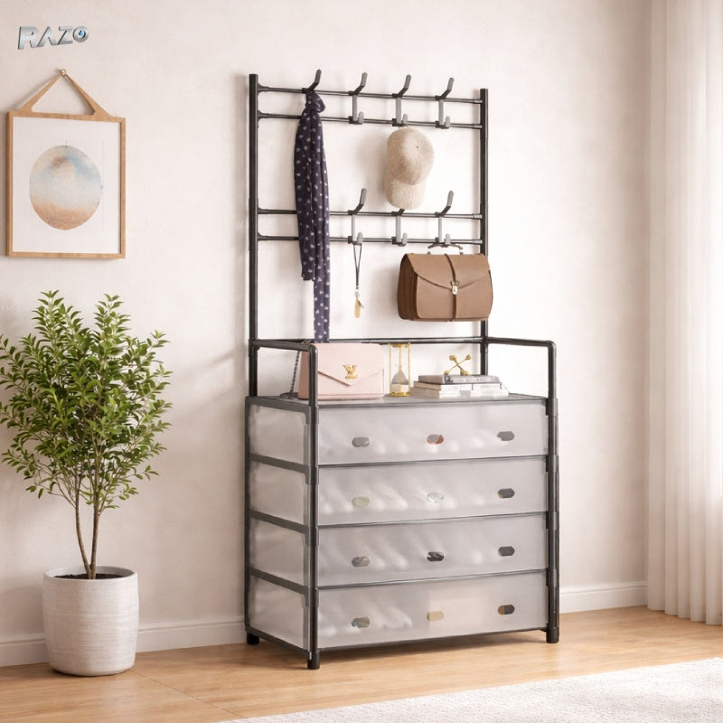 Organizator multifunctional RAZO pentru incaltaminte cu cuier lateral, 5 polite si 8 carlige, usi anti-praf, cadru metalic, design vertical compact, negru