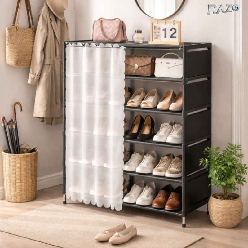 Organizator pantofi RAZO cu 5 rafturi, suport metalic pentru incaltaminte, husa antipraf, capacitate 15–20 perechi, design compact pentru hol sau dressing, dimensiuni 58x26x78 cm, negru
